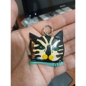 Hand Painted Wooden Cat Keychain Green Eyes Tabby with Fish Folk Art Whimsical